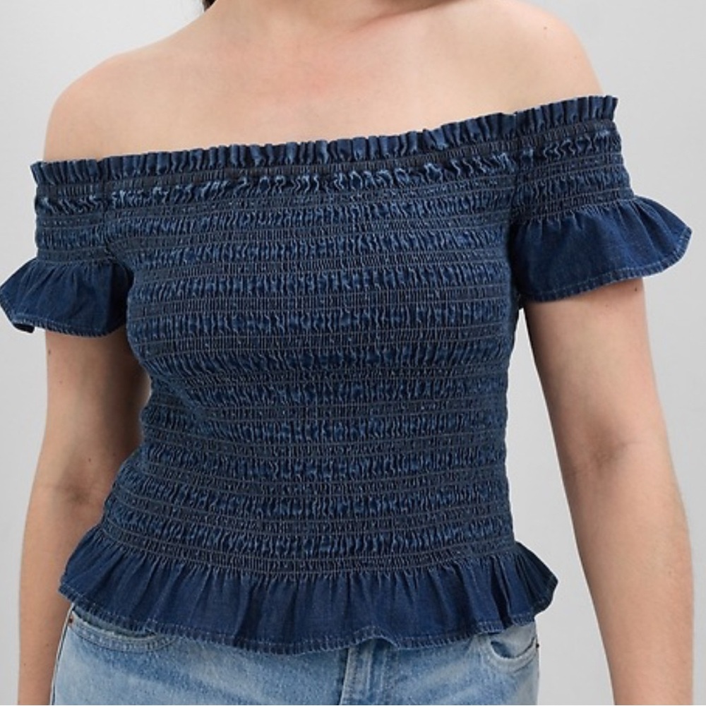 Gap Cropped Ruffle Sleeve Denim Smocked Peplum Top with Washwell Small Petite